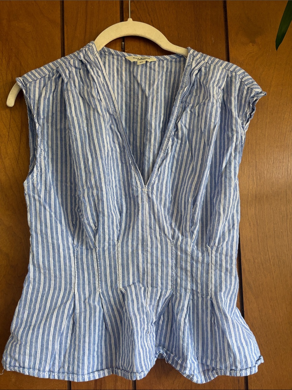 Max Studio Blue & White Vertical-Striped V-Neck Peplum Blouse